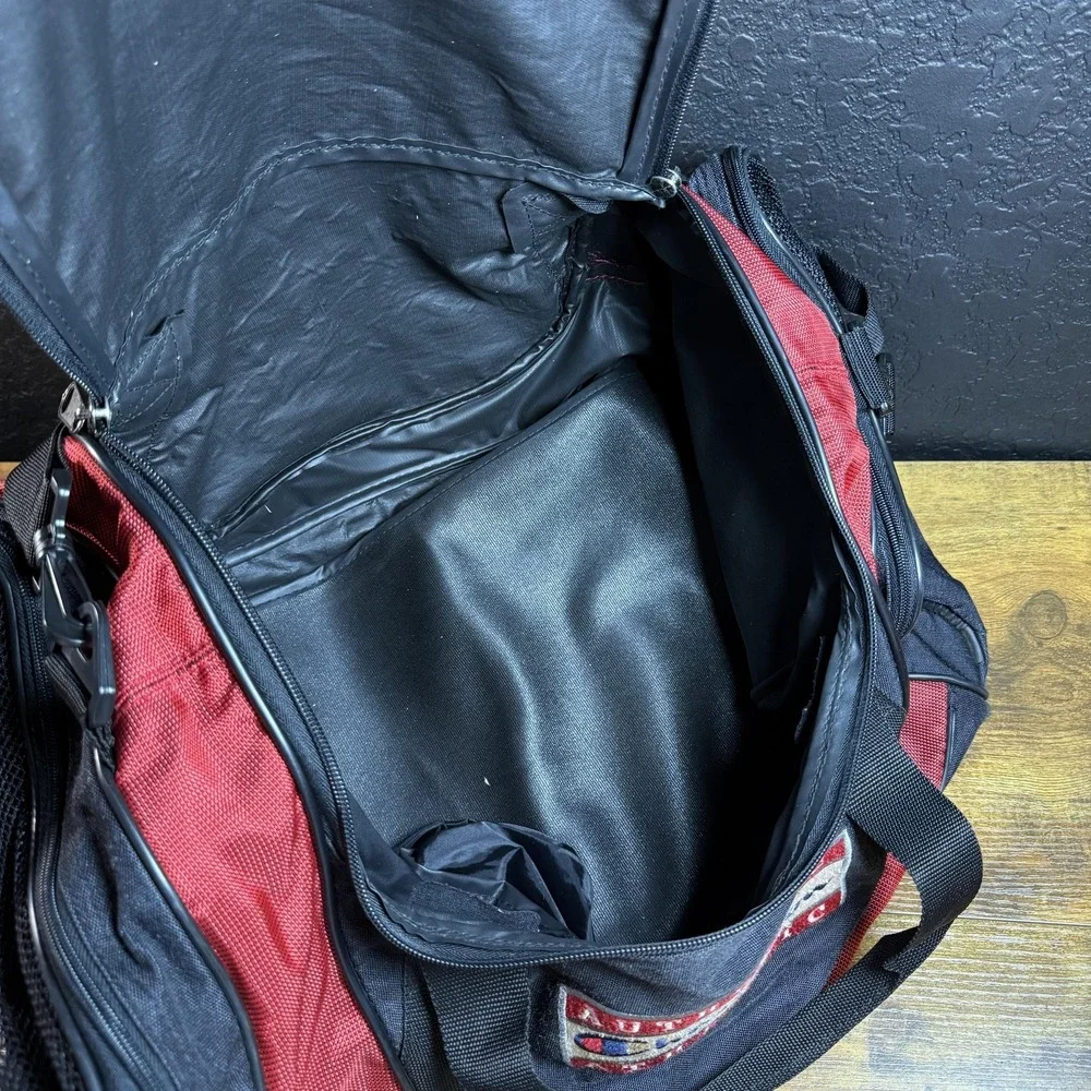 Champion Authentic Athletic Red‎ Black Nylon Canvas Duffel Bag Mens Womens Large